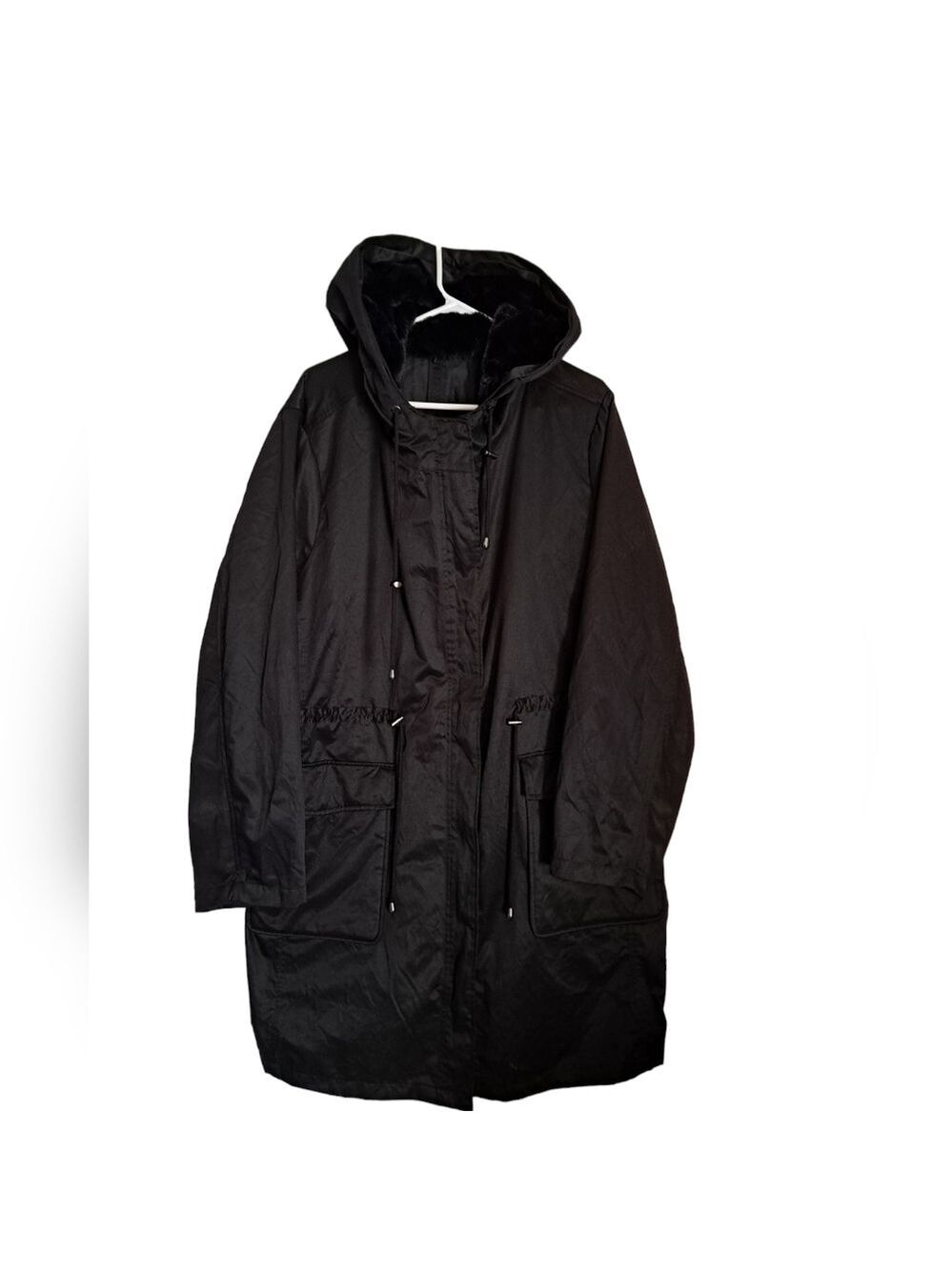 PLUS size long black coat jacket drawstring waist walking casual hood 3-4X?